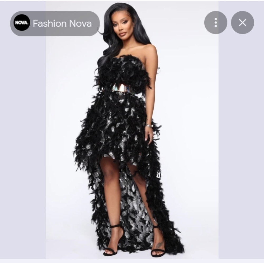 Exotic Mind Feather High Low Maxi Gown - Black/Silver Fashion nova